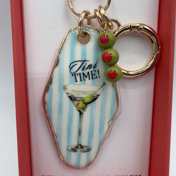 Piper K Tini Time Martini Glass Keychain Bag Charm Blue Stripe Beads Olive Retro - Picture 4 of 6